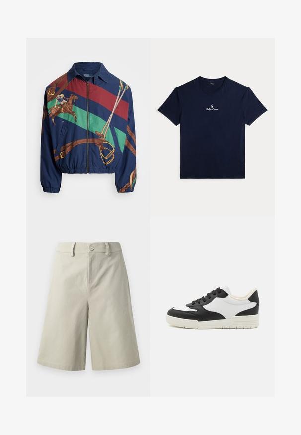 Námořnická bunda s grafickým designem znázorňující jezdce na koni, hnědými akcenty a pruhovanými vzory v zelené, červené a hnědé barvě. Zapínání na zip.; Tmavě modré bavlněné tričko s kulatým výstřihem, krátkými rukávy a malým bílým vyšitým logem na hrudi. Minimalistický design.; Světlé béžové šortky vyrobené z bavlny, s rovným střihém, předními kapsami, zapínáním na knoflík a hladkým povrchem.; Černobílé tenisky s hladkým koženým svrškem, zaoblenou špičkou a plochou gumovou podrážkou. Mají černé šněrování a měkkou vnitřní podšívku.