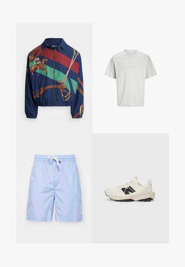 Navy jacket with a graphic design featuring a rider on a horse, brown accents, and striped patterns in green, red, and brown. Zip closure.; Light gray short-sleeve t-shirt made of soft fabric. Features a crew neck and small text "ESS.WRD." printed on the front.; Light blue striped swim shorts made of smooth fabric. Features a white drawstring and side pockets. Mid-thigh length with a straight cut.; Light beige sneaker featuring a mesh upper, black logo, and textured sole. Accented with a geometric pattern on the midsole.