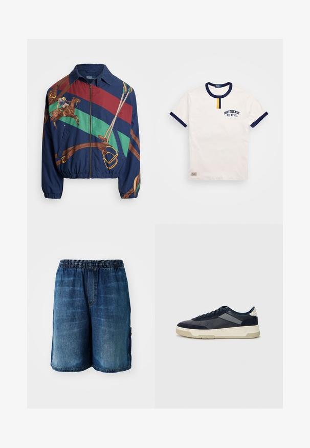 Mornarski sako s grafičkim dizajnom koji prikazuje jahača na konju, smešnim akcentima i prugastim uzorcima u zelenoj, crvenoj i smešnoj boji. Zatvaranje na patentni zatvarač.; Bijela pamučna majica s mornarskosinom okruglim izrezom i akcentima na rukavima. Sadrži mali žuti gumb i izvezeni natpis "NORTHEAST RL ATHL."; Traperice kratke hlače s elastičnim pojasom, izrezane iznad koljena, u srednje plavom pranju, s blagim izbljeđivanjem i bočnim džepovima.; BOSS BALTIMORE - Tenisice - open blue