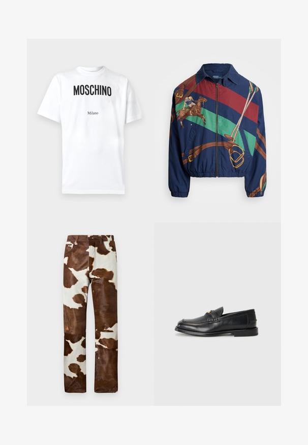 Navy jacket with a graphic design featuring a rider on a horse, brown accents, and striped patterns in green, red, and brown. Zip closure.; White cotton t-shirt featuring bold black "MOSCHINO" text and smaller "Milano" underneath. Short sleeves and a classic crew neck design.; Cow-print pants in a blend of brown and beige. Features a relaxed fit, sturdy denim material, and classic five-pocket design.; Black leather loafers feature a rounded toe, stitched detailing, and a small gold accent on the front. The sole is flat and discreet.