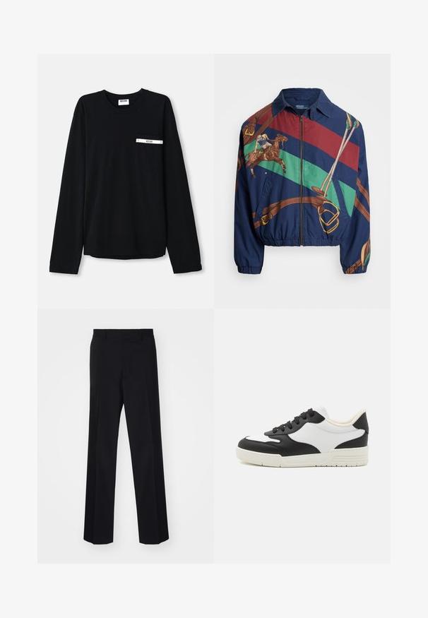 Jūras spēku jaka ar grafisko dizainu, kurā attēlots jātnieks uz zirga, brūni akcenti un svītroti raksti zaļā, sarkanā un brūnā krāsā. Ar rāvējslēdzēju.; Melnā garo piedurkņu T-kreklā, izgatavotā no mīksta kokvilnas, ir krūšu kabata ar baltu joslu un marķējumu. Apaļais kakla izgriezums un taisna apakšmala.; Melnas šūtu bikses ar platu kāju dizainu, ar gludu tekstūru un asiem locījumiem, izgatavotas no austas auduma.; Melna un balta sporta apavu kedas ar gludu ādas augšdaļu, noapaļotu purngalu un plakanu gumijas zoli. Iezīmējas ar melnām šņorēm un mīkstu iekšu.