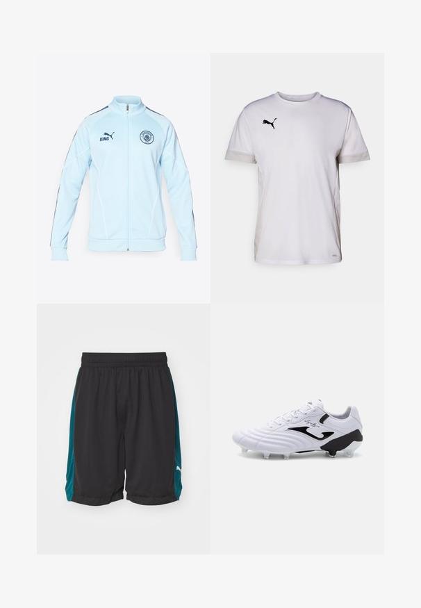 Casaco de treino azul claro com fecho éclair, com detalhes em azul escuro, uma costura branca e um logótipo bordado. Apresenta punhos e uma cintura canelados.; Camisola atlética branca de manga curta com decote redondo, apresentando detalhes em malha respirável nas laterais e um logo da Puma em preto no peito.; Puma SHOT BLOCKER SHORT - Calções desportivos - black/cold green; Chuteira de futebol branca com parte superior sintética texturizada, acentos pretos, fecho de cadarço e seis cravos transparentes em uma sola preta para tração.