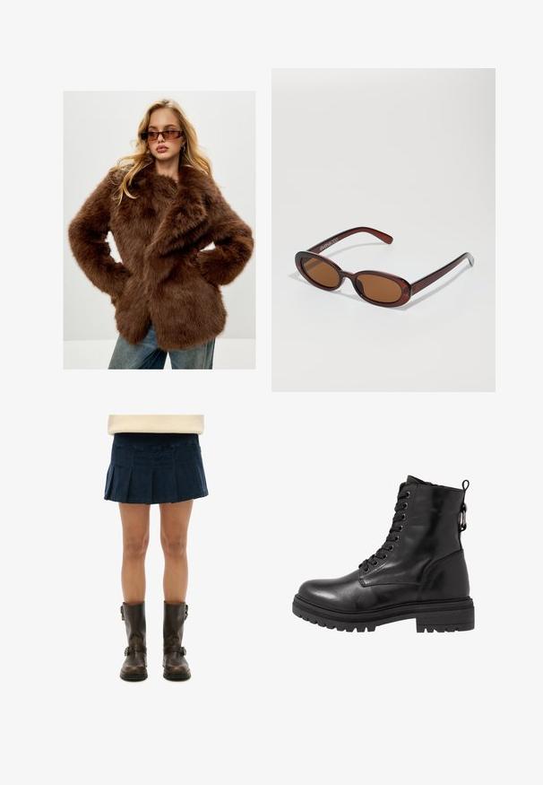 Cesare Gaspari Manteau d'hiver - brown; Pull à col roulé noir en tricot doux. Présente des manches longues et un design ajusté avec un ourlet droit.; Jupe mini plissée marine en tissu doux, associée à des bottes en cuir marron montantes avec des boucles. La jupe a un design structuré.; Bottine en cuir noir avec bout arrondi, devant à lacets et semelle en caoutchouc texturé. Comprend une languette au dos et des coutures renforcées.; Lunettes de soleil rondes teinte brun avec une monture bordeaux brillante. Branches fines avec un détail de marque subtil. Design de verres plats.; Sac à main en cuir marron au design structuré. Il dispose d'un rabat à l'avant, de poignées doubles, d'une bandoulière amovible et d'un foulard fleuri noué sur un côté.