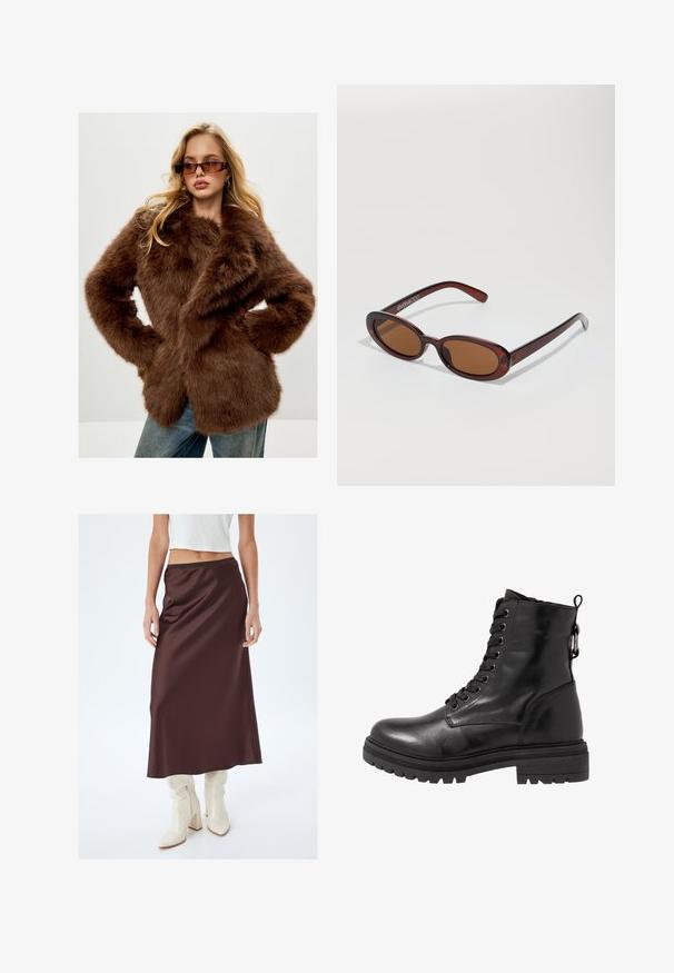 Cesare Gaspari Manteau d'hiver - brown; Pull à col roulé noir en tricot doux. Présente des manches longues et un design ajusté avec un ourlet droit.; Jupe maxi en satin marron avec une texture lisse, dotée d'une taille ajustée. Associée à des bottes blanches hautes jusqu'au genou, créant un look contrasté.; Bottine en cuir noir avec bout arrondi, devant à lacets et semelle en caoutchouc texturé. Comprend une languette au dos et des coutures renforcées.; Lunettes de soleil rondes teinte brun avec une monture bordeaux brillante. Branches fines avec un détail de marque subtil. Design de verres plats.; Sac à main en cuir marron au design structuré. Il dispose d'un rabat à l'avant, de poignées doubles, d'une bandoulière amovible et d'un foulard fleuri noué sur un côté.; Gants en cuir noir avec trois sections distinctes pour les doigts et une section pour le pouce, dotés de poignets élastiques pour un ajustement parfait. Texture lisse.