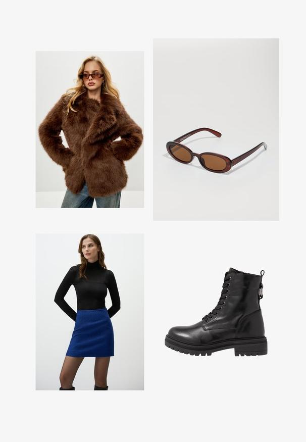 Cesare Gaspari Wintermantel - brown; Zwarte coltrui gemaakt van zachte bre knit stof. Kenmerken zijn lange mouwen en een getailleerd ontwerp met een rechte zoom.; Zwarte langemouwen turtleneck top gecombineerd met een gestructureerde blauwe minirok. De rok heeft een licht onregelmatig patroon en een aansluitende vorm.; Zwarte leren enkelboot met ronde neus, vetersluiting aan de voorkant en een getextureerde rubberen zool. Hij heeft een lus aan de achterkant en versterkte stiksels.; Ronde, bruin getinte zonnebril met een glanzend bordeauxrood frame. Slanke pootjes met subtiele merkdetails. Vlakke lensontwerp.; Bruine lederen handtas met een gestructureerd ontwerp. Voorzien van een voorflap, dubbele handvaten, een verwijderbare schouderband en een bloemen sjaal die aan één kant is vastgebonden.; Zwarte leren handschoenen met drie aparte vingergedeelten en één duimgedeelte, met elastische manchetten voor een strakke pasvorm. Glad textuur.