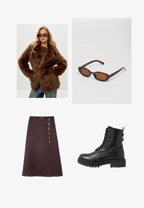 Cesare Gaspari Wintermantel - brown; Schwarzer Rollkragenpullover aus weichem Strickstoff. Mit langen Ärmeln und einer engen Passform sowie einem geraden Saum.; Burgunderfarbener Midirock mit gekräuselter Textur, ausgestattet mit einem Schlitz vorne und dekorativen Stein-Knöpfen auf der linken Seite.; Schwarze Leder-Stiefelette mit runder Zehenpartie, Schnürung vorne und strukturiertem Gummi-Sohle. Verfügt über eine Zuglasche hinten und verstärkte Nähte.; Runde, braun getönte Sonnenbrillen mit einem glänzenden burgunderfarbenen Rahmen. Schlanke Bügel mit dezentem Branding. Flaches Linsendesign.; Schwarze Lederhandschuhe mit drei verschiedenen Fingerbereichen und einem Daumenbereich, ausgestattet mit elastischen Bündchen für eine enge Passform. Glatte Textur.