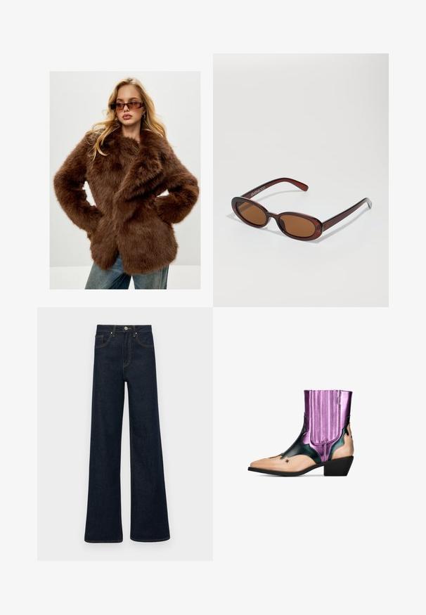 Cesare Gaspari Manteau d'hiver - brown; Pull à col roulé noir en tricot doux. Présente des manches longues et un design ajusté avec un ourlet droit.; Jean en denim large de couleur bleu foncé avec des poches avant, des passants de ceinture et une fermeture à bouton.; Bottine western en noir, violet métallisé et nude. Elle présente un bout pointu, un talon bloc, des découpes décoratives et des accents côtelés verticaux.; Lunettes de soleil rondes teinte brun avec une monture bordeaux brillante. Branches fines avec un détail de marque subtil. Design de verres plats.; Sac à main en cuir marron au design structuré. Il dispose d'un rabat à l'avant, de poignées doubles, d'une bandoulière amovible et d'un foulard fleuri noué sur un côté.; Gants en cuir noir avec trois sections distinctes pour les doigts et une section pour le pouce, dotés de poignets élastiques pour un ajustement parfait. Texture lisse.