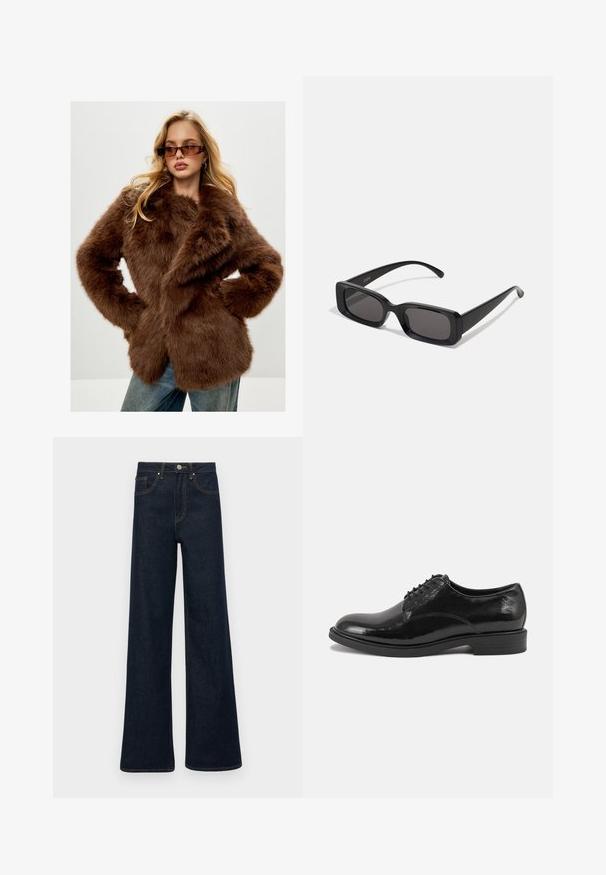 Cesare Gaspari Vinterkappa /-rock - brown; Svart polotröja i mjukt stickat tyg. Har långa ärmar och en åtsittande design med en rak fåll.; Mörkblå vida denimjeans med framfickor, bälteshängare och knappstängning.; Svarta läderskor med en blank yta, rund tå och snörningsdesign. Har en låg staplad klack och subtila sömdetaljer.; Svarta rektangulära solglasögon med mörka linser, glänsande yta, breda skalmar och en gedigen ramdesign. Graverat märke på ena skalmen.; Svart scarf gjort av ett mjukt, strukturerat tyg. Har fransade kanter och en rektangulär form, lämplig för att svepa runt halsen.