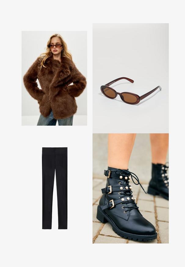 Cesare Gaspari Zimní kabát - brown; Černý rolák z měkké pleteniny. Disponuje dlouhými rukávy a úzkým střihem se rovnými okraji.; Černé legíny vyrobené z elastické tkaniny; mají hladký povrch, celoplošný design a elastický pas bez viditelných švů.; Černé kožené kotníkové boty se zlatým kováním, třemi nastavitelými popruhy a perlovými akcenty. Podešev s drážkami pro lepší přilnavost.; Kulaté sluneční brýle hnědé barvy s lesklým burgundským rámem. Úzké nožičky s jemným logem. Rovné čočky.; Hnědá kožená kabelka se strukturovaným designem. Obsahuje přední klopu, dvojité držadla, odnímatelný ramenní popruh a květinovou šálu uvázanou na jedné straně.; Černé kožené rukavice se třemi odlišnými sekcemi prstů a jednou sekcí pro palec, vybavené elastickými manžetami pro těsné usazení. Hladký povrch.