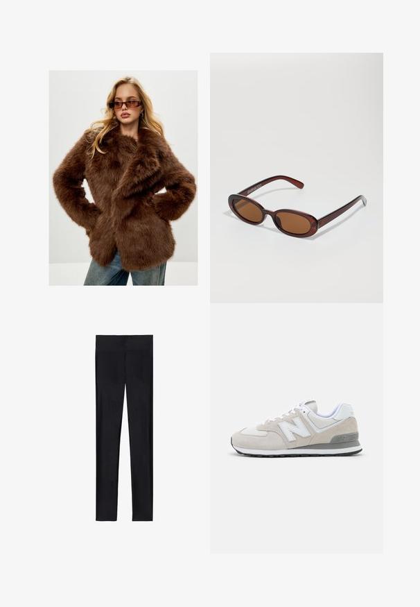 Cesare Gaspari Zimní kabát - brown; Černý rolák z měkké pleteniny. Disponuje dlouhými rukávy a úzkým střihem se rovnými okraji.; Černé legíny vyrobené z elastické tkaniny; mají hladký povrch, celoplošný design a elastický pas bez viditelných švů.; Světlé béžové tenisky s kombinací semišových a síťovaných materiálů. Design zahrnuje výrazné bílé logo a šedé akcenty. Gumová podešev.; Kulaté sluneční brýle hnědé barvy s lesklým burgundským rámem. Úzké nožičky s jemným logem. Rovné čočky.; Hnědá kožená kabelka se strukturovaným designem. Obsahuje přední klopu, dvojité držadla, odnímatelný ramenní popruh a květinovou šálu uvázanou na jedné straně.