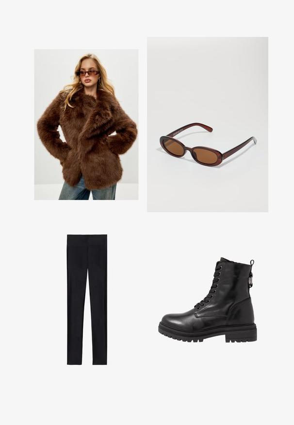 Cesare Gaspari Wintermantel - brown; Zwarte coltrui gemaakt van zachte bre knit stof. Kenmerken zijn lange mouwen en een getailleerd ontwerp met een rechte zoom.; Zwarte leggings van rekbaar stof; met een gladde textuur, volledige lengte en een elastische tailleband zonder zichtbare naden.; Zwarte leren enkelboot met ronde neus, vetersluiting aan de voorkant en een getextureerde rubberen zool. Hij heeft een lus aan de achterkant en versterkte stiksels.; Ronde, bruin getinte zonnebril met een glanzend bordeauxrood frame. Slanke pootjes met subtiele merkdetails. Vlakke lensontwerp.; Bruine lederen handtas met een gestructureerd ontwerp. Voorzien van een voorflap, dubbele handvaten, een verwijderbare schouderband en een bloemen sjaal die aan één kant is vastgebonden.; Zwarte leren handschoenen met drie aparte vingergedeelten en één duimgedeelte, met elastische manchetten voor een strakke pasvorm. Glad textuur.