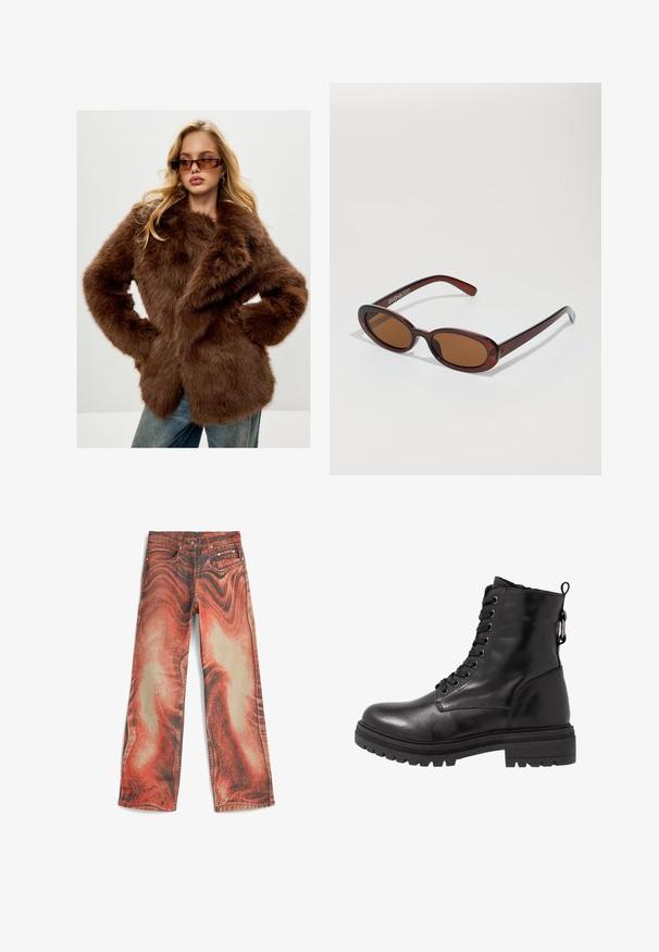 Cesare Gaspari Cappotto invernale - brown; Maglione a collo alto di colore nero realizzato in morbido tessuto a maglia. Presenta maniche lunghe e un design aderente con orlo diritto.; Jeans in denim con un audace motivo a spirale rosso e beige, design a gamba larga, tasche frontali e chiusura tradizionale con bottone e zip.; Stivale in pelle nera alla caviglia con punta tonda, chiusura con lacci frontale e suola in gomma testurizzata. Presenta una fettuccia sul retro e cuciture rinforzate.; Occhiali da sole rotondi con tonalità marrone, montatura lucida color bordeaux. Aste sottili con un sottile dettaglio del marchio. Design delle lenti piatte.; Borsa a mano in pelle marrone con design strutturato. Presenta una patta anteriore, manici doppi, una tracolla removibile e una sciarpa floreale annodata su un lato.; Guanti in pelle nera con tre sezioni distinte per le dita e una sezione per il pollice, dotati di polsini elasticizzati per una vestibilità aderente. Texture liscia.