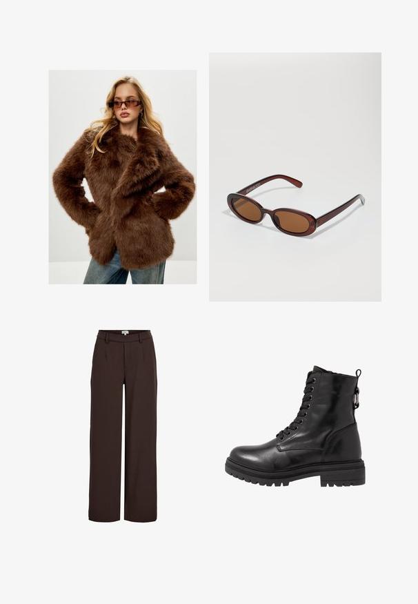 Cesare Gaspari Talvitakki - brown; Musta poolapüksi kootud pehmest kangast. Omab pikki varrukaid ja õiget kujundust sirge allääriga.; Object OBJLISA WIDE NOOS - Housut - java; Musta nahkasaapas nilkkamittaisella varrella, pyöreällä varpaan osalla, nauhakiinnityksellä ja kuvioidulla kumipohjalla. Takana on vetonauha ja vahvistetut saumat.; Pyöreät, ruskehtavat aurinkolasit, joissa on kiiltävä burgundinpunainen runko. Kapeat sivut, joissa on hienovarainen brändäys. Litteät linssit.; Ruskea nahkakäsilaukku, jossa on jämäkkä muotoilu. Ominaisuuksiin kuuluvat etuflappi, kaksinkertaiset kahvat, irrotettava olkahihna ja yhteen puoleen sidottu kukkakaulaliina.; Mustat nahkahanskat, joissa on kolme erillistä sormiosaa ja yksi peukaloväli, joustavat hihansuut tiukan istuvuuden takaamiseksi. Sujuva pinta.