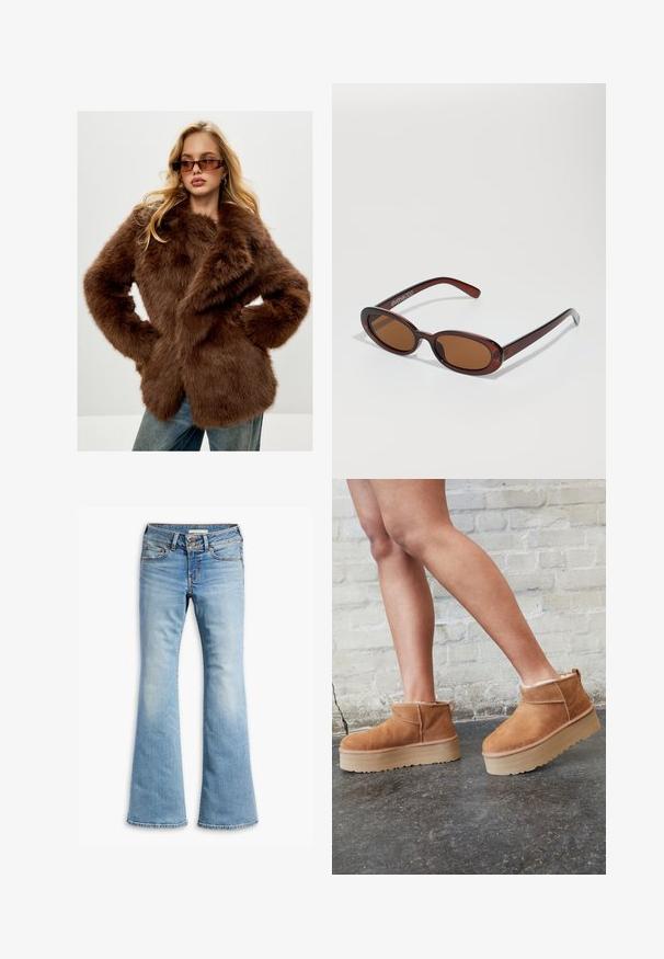 Cesare Gaspari Wintermantel - brown; Schwarzer Rollkragenpullover aus weichem Strickstoff. Mit langen Ärmeln und einer engen Passform sowie einem geraden Saum.; Helle blaue Schlagjeans aus Denim, mit Knopfverschluss, fünf Taschen-Design und leichtem Verblassen für einen abgetragenen Look.; Braune Wildleder-Stiefeletten mit einem weichen Futter, dicker beige Plateau-Sohle und einer Zuglasche auf der Rückseite. Strukturiert Oberfläche mit sichtbaren Nähdetails.; Runde, braun getönte Sonnenbrillen mit einem glänzenden burgunderfarbenen Rahmen. Schlanke Bügel mit dezentem Branding. Flaches Linsendesign.; Schwarze Lederhandschuhe mit drei verschiedenen Fingerbereichen und einem Daumenbereich, ausgestattet mit elastischen Bündchen für eine enge Passform. Glatte Textur.