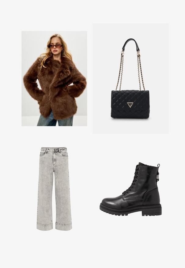 Cesare Gaspari - Płaszcz zimowy; Czarny sweter z golfem wykonany z miękkiej dzianiny. Posiada długie rękawy oraz dopasowany krój z prostym wykończeniem.; Jeans typu wide-leg w jasnoszarym denmie, z wysokim stanem, tradycyjnym pięciopocketowym designem oraz lekko przetartą teksturą i kontrastowym przeszyciem.; Czarny skórzany botek za kostkę z okrągłym noskiem, sznurówką z przodu i teksturowaną gumową podeszwą. Posiada pętelkę z tyłu i wzmocnione szwy.; Czarna pikowana torebka z logo w złotym trójkącie, z podwójnym łańcuchem i gładką skórzaną fakturą. Prostokątny kształt z klapką.