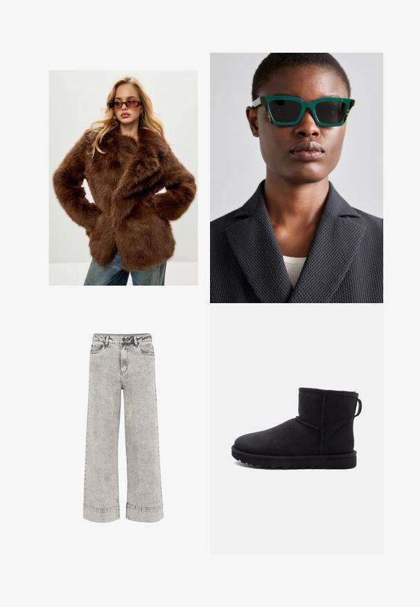 Cesare Gaspari Vinterfrakke - brown; Sort turtleneck sweater lavet af blød strikket stof. Har lange ærmer og et tætsiddende design med en lige kant.; Bredde jeans i lys grå denim med høj talje, traditionelt fem-lomme design og let falmet struktur med kontrastsyning.; Sort ruskinds ankelstøvle med rund tå, et shearling-fôr og en flad gummisål. Har en sidesøm og en trækflap bagpå.; Grønne og mønstrede solbriller med en geometrisk ramme; mørke linser; modellen bærer en struktureret sort blazer over en lys top.; Sort syntetisk skuldertaske med en buet silhuet, tekstureret overflade, gyldent trekantet logo og aftagelige hardware-detaljer.