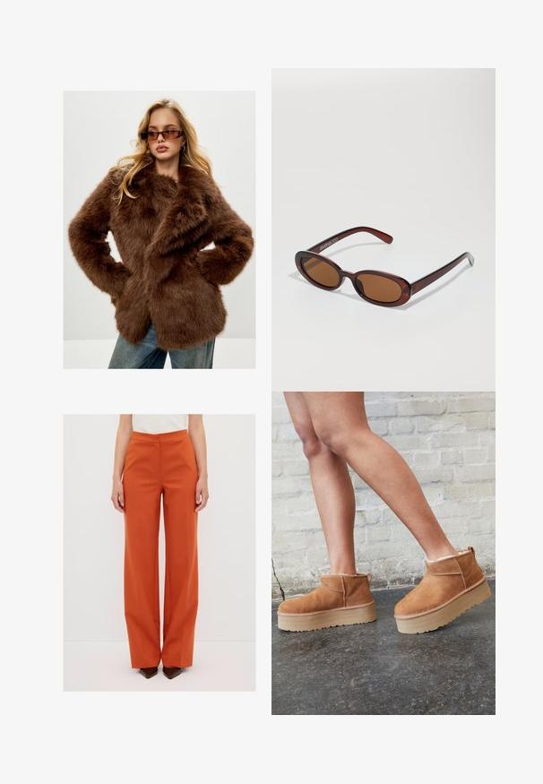 Cesare Gaspari Wintermantel - brown; Schwarzer Rollkragenpullover aus weichem Strickstoff. Mit langen Ärmeln und einer engen Passform sowie einem geraden Saum.; Weite Hose in einem lebendigen Orangeton, mit glatter Textur, hohem Bund und vorne Falten, kombiniert mit spitzen Absätzen.; Braune Wildleder-Stiefeletten mit einem weichen Futter, dicker beige Plateau-Sohle und einer Zuglasche auf der Rückseite. Strukturiert Oberfläche mit sichtbaren Nähdetails.; Runde, braun getönte Sonnenbrillen mit einem glänzenden burgunderfarbenen Rahmen. Schlanke Bügel mit dezentem Branding. Flaches Linsendesign.; Schwarze gesteppte Handtasche mit einem goldenen Dreieckslogo, ausgestattet mit einem doppelten Kettenriemen und einer glatten Lederstruktur. Rechteckige Form mit Klappenverschluss.