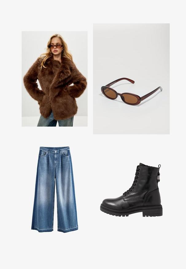 Cesare Gaspari Vinterkappa /-rock - brown; Svart polotröja i mjukt stickat tyg. Har långa ärmar och en åtsittande design med en rak fåll.; Vida byxorna i lätt till medelblå denim med en blekt tvätt, klassiska fickor och stängning med knapp. Robust bomullsmaterial.; Svart läderankelsko med rund tå, snörning fram och texturerad gummisula. Har en dragflik baktill och förstärkt sömnad.; Runda, bruntonade solglasögon med en glansig bordeauxfärgad ram. Smala bågar med subtilt varumärkesdetalj. Platt linsdesign.; Svart kviltad handväska med en gyllene triangel-logotyp, utrustad med ett dubbelt kedjesnöre och en slät lädertextur. Rektangulär form med flap-stängning.