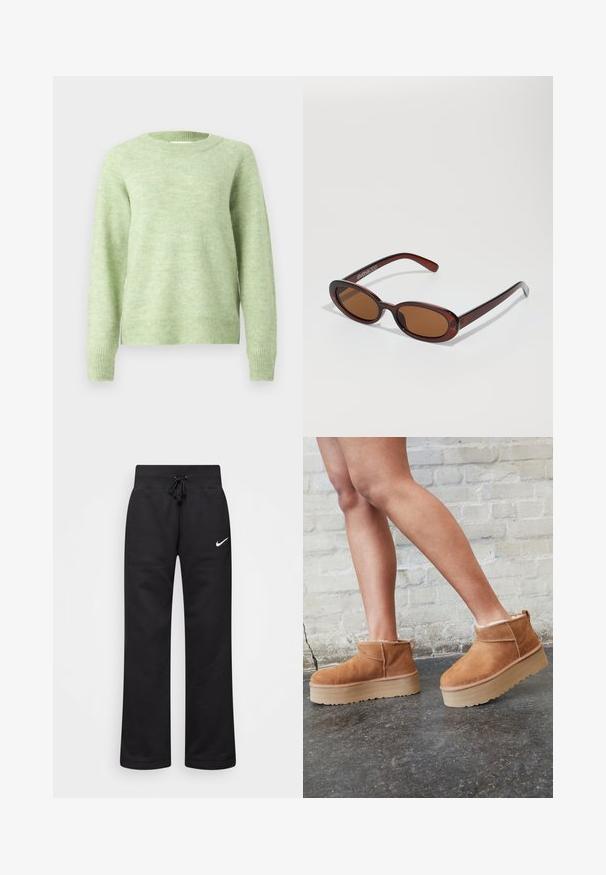 Cesare Gaspari Geacă - brown; Pulover verde deschis, realizat dintr-un material moale și texturat; are guler rotund, mâneci lungi și tivuri striate pentru un confort sporit.; Pantaloni de sudură negri dintr-un amestec de bumbac, cu un talie elastică cu șnur, picioare drepte și un logo alb Nike pe partea stângă.; Botine din suede maro, cu căptușeală moale, talpă platformă groasă de culoare bej și sistem de prindere în partea din spate. Suprafață texturată cu detalii de cusătură vizibile.; Ochelari de soare rotunzi, cu nuanțe de brown și cu un cadru lucios de burgund. Brațe subțiri cu detalii subtile de branding. Design cu lentile plate.; Geantă de mână neagră, matlasată, cu un logo triunghiular auriu, având o curea dublă din lanț și o textură din piele netedă. Formă rectangulară cu închidere cu clapetă.