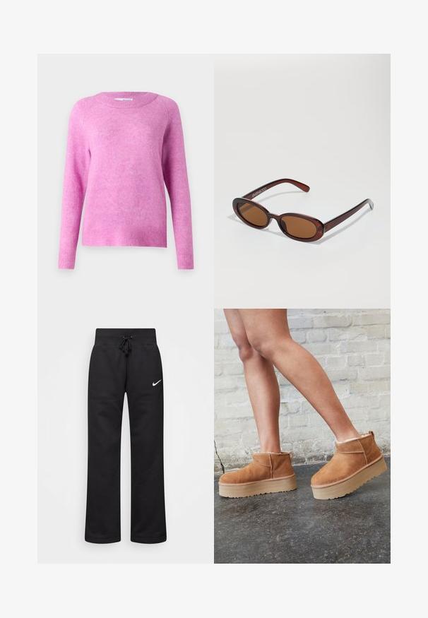 Cesare Gaspari Téli kabát - brown; Rózsaszín pulóver hosszú ujjal, kerek nyakkivágással és bordás mandzsettával. Puha textúra, enyhén bolyhos megjelenéssel és laza szabással.; Fekete pamut keverékból készült melegítőnadrág, húzózsinórral ellátott derékkal, egyenes szárakkal és fehér Nike logóval a bal oldalon.; Barna velúr bokacsizma puha béléssel, vastag bézs platformtalppal és hátsó húzófüllel. Texturált felület látható varrási részletekkel.; Kerek, barna árnyalatú napszemüveg fényes burgundi kerettel. Karcsú karok diszkrét márkázással. Lapos lencse kialakítás.; Fekete steppelt kézitáska arany háromszög logóval, dupla láncos pánttal és sima bőrfelülettel. Téglalap alakú, fedeles zárással.