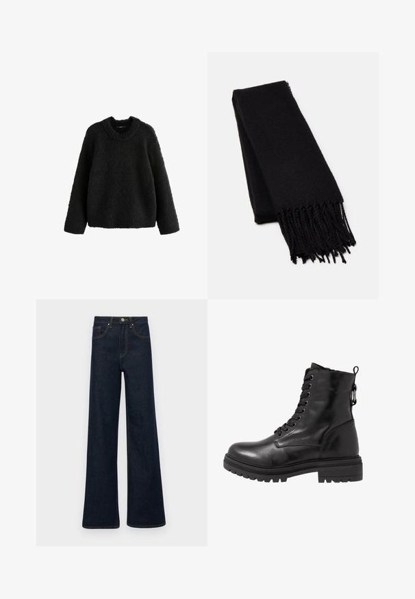 Cesare Gaspari Wintermantel - brown; Next BOUCLE CREW NECK - Trui - black; Donkerblauwe wijde denim jeans met voorzakken, riemlussen en een knoopsluiting.; Zwarte leren enkelboot met ronde neus, vetersluiting aan de voorkant en een getextureerde rubberen zool. Hij heeft een lus aan de achterkant en versterkte stiksels.; Zwarte sjaal van een zacht, textuurstof. Heeft een rafelige rand en een rechthoekige vorm, geschikt om om de nek te draperen.