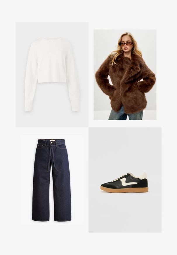 Cesare Gaspari Talvitakki - brown; Valkoinen lyhythihainen neule, jossa on pitkät hihat, ribattua pintaa ja pyöreä pääntie. Valmistettu pehmeästä, kevyestä materiaalista.; Korkeavyötäröiset tummansiniset leveälahkeiset farkut, joissa on narunauhakuja, viisi taskua ja kontrastiväriset ompeluseikat.; Mustat mokka- ja nahkakengät, joissa on kermaisen valkoinen sivupainatus ja vaalea kermaisine kantapää. Varustettu beigeillä nauhoilla ja kumista valmistetulla ulkopohjalla.