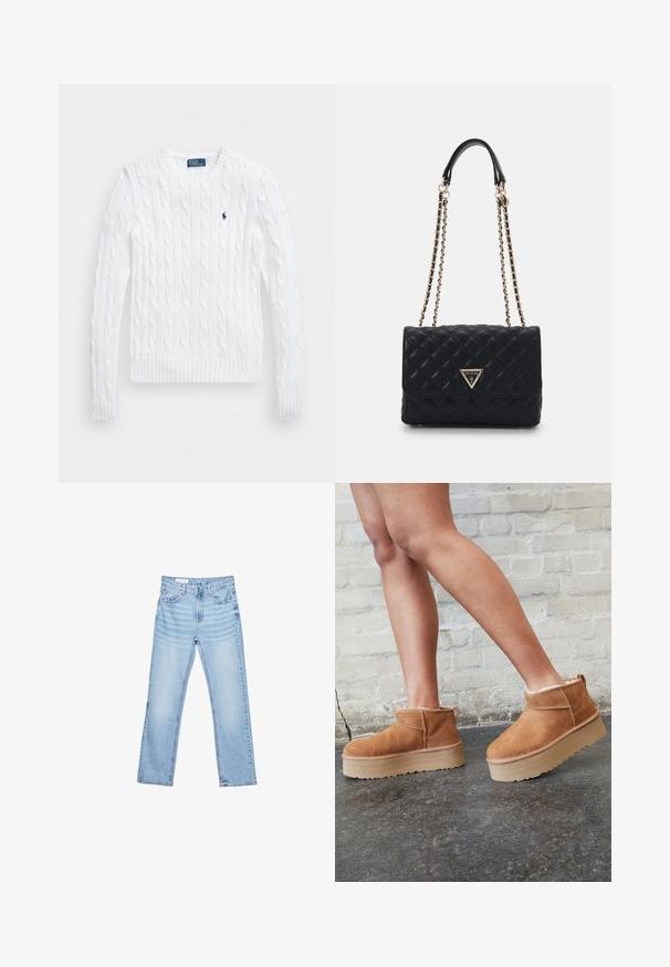 Cesare Gaspari Vinterfrakke - brown; Hvid kabelstrikket sweater med rund hals, ribbede manchetter og forneden, prydet med et lille blåt logo på brystet.; Lyseblå denimjeans med lige pasform, fem-lomme-design og synlig syning. Mellem-høj talje med klassisk knap- og lynlåslukning.; Brune ruskinds ankelsko med en blød foring, tyk beige plattformsål og en bageste løkke. Tekstureret overflade med synlige sømdetaljer.; Sort quiltet handtaske med et guld trekantet logo, udstyret med en dobbelt kædestropp og en glat læderoverflade. Rektangulær form med klaplukning.