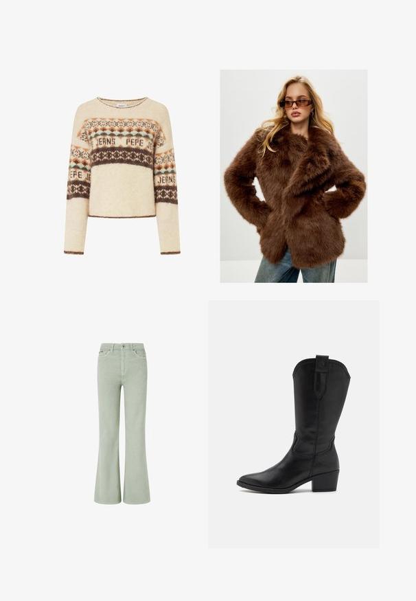 Cesare Gaspari Wintermantel - brown; Crème kleurige trui met lange mouwen, voorzien van een geometrisch breipatroon in bruin, oranje en teal. Ronde halslijn en cropped ontwerp.; Groene flared corduroy jeans met een middellange taille, voorzien van voorzakken, een knoopsluiting en een zachte textuur.; Zwarte leren cowboylaars met een spitse neus, enkellengte en een gestapelde hak. Voorzien van decoratieve stiksels en een lusje om aan te trekken.