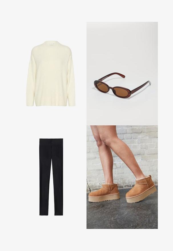 Cesare Gaspari Wintermantel - brown; Crème-kleurige trui van een zachte, pluizige stof. Heeft een ronde hals, lange mouwen, en ribgebreide manchetten en zoom voor extra textuur.; Zwarte leggings van rekbaar stof; met een gladde textuur, volledige lengte en een elastische tailleband zonder zichtbare naden.; Bruine suède enkelboots met een zachte voering, dikke beige plateauzool en een achterste lus. Getextureerde oppervlakte met zichtbare stiksels.; Ronde, bruin getinte zonnebril met een glanzend bordeauxrood frame. Slanke pootjes met subtiele merkdetails. Vlakke lensontwerp.; Bruine lederen handtas met een gestructureerd ontwerp. Voorzien van een voorflap, dubbele handvaten, een verwijderbare schouderband en een bloemen sjaal die aan één kant is vastgebonden.; Zwarte leren handschoenen met drie aparte vingergedeelten en één duimgedeelte, met elastische manchetten voor een strakke pasvorm. Glad textuur.