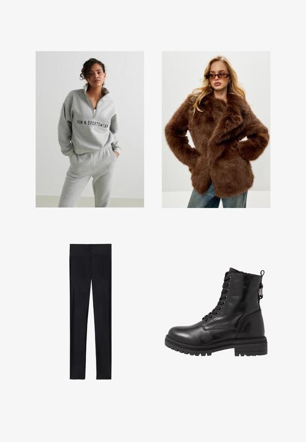 Cesare Gaspari - Płaszcz zimowy; Szary sweter z suwakiem, z logo na środku. W zestawie z dopasowanymi szarymi spodniami dresowymi z elastycznym pasem.; Czarne legginsy wykonane z elastycznego materiału; charakteryzują się gładką teksturą, pełną długością i elastycznym pasem bez widocznych szwów.; Czarny skórzany botek za kostkę z okrągłym noskiem, sznurówką z przodu i teksturowaną gumową podeszwą. Posiada pętelkę z tyłu i wzmocnione szwy.