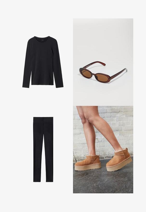 Cesare Gaspari Wintermantel - brown; Schwarzfarbenes Langarm-T-Shirt aus weichem Stoff, mit rundem Ausschnitt, schlichtem Design und ohne sichtbare Muster oder Verzierungen.; Schwarze Leggings aus dehnbarem Material; mit glatter Textur, ganzlänglichem Design und elastischem Bund ohne sichtbare Nähte.; Braune Wildleder-Stiefeletten mit einem weichen Futter, dicker beige Plateau-Sohle und einer Zuglasche auf der Rückseite. Strukturiert Oberfläche mit sichtbaren Nähdetails.; Runde, braun getönte Sonnenbrillen mit einem glänzenden burgunderfarbenen Rahmen. Schlanke Bügel mit dezentem Branding. Flaches Linsendesign.; Tanfarbige, flauschige Umhängetasche mit strukturierten Oberfläche. Sie besitzt einen goldenen Reißverschluss, einen breiten Tragegurt und hat eine rechteckige Form mit abgerundeten Kanten.