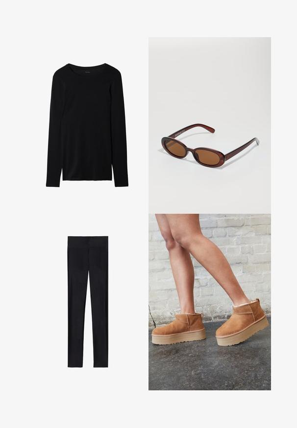 Cesare Gaspari Wintermantel - brown; Schwarz langärmliges T-Shirt aus weichem Stoff mit Rundhalsausschnitt und glatter Textur. Verfügt über ein einfaches, minimalistisches Design.; Schwarze Leggings aus dehnbarem Material; mit glatter Textur, ganzlänglichem Design und elastischem Bund ohne sichtbare Nähte.; Braune Wildleder-Stiefeletten mit einem weichen Futter, dicker beige Plateau-Sohle und einer Zuglasche auf der Rückseite. Strukturiert Oberfläche mit sichtbaren Nähdetails.; Runde, braun getönte Sonnenbrillen mit einem glänzenden burgunderfarbenen Rahmen. Schlanke Bügel mit dezentem Branding. Flaches Linsendesign.; Tanfarbige, flauschige Umhängetasche mit strukturierten Oberfläche. Sie besitzt einen goldenen Reißverschluss, einen breiten Tragegurt und hat eine rechteckige Form mit abgerundeten Kanten.