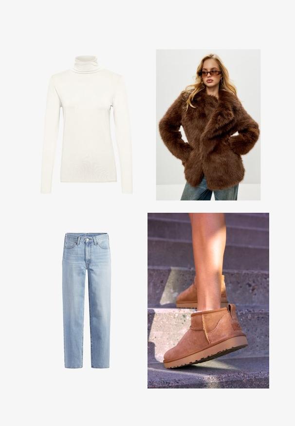Cesare Gaspari Vinterfrakke - brown; Langærmet turtleneck top i creme, lavet af blødt stof med en tætsiddende silhuet. Har en høj hals og en glat, jævn tekstur.; Lyseblå lige ben jeans i denim med frontknap, lynlås, bæltestropper og fem-lomme design på hvid baggrund.; Tan ruskind ankelstøvler med en blød tekstur, stikninger og en gummisål, der har en løkkehælkappe for nem på- og aftagning.