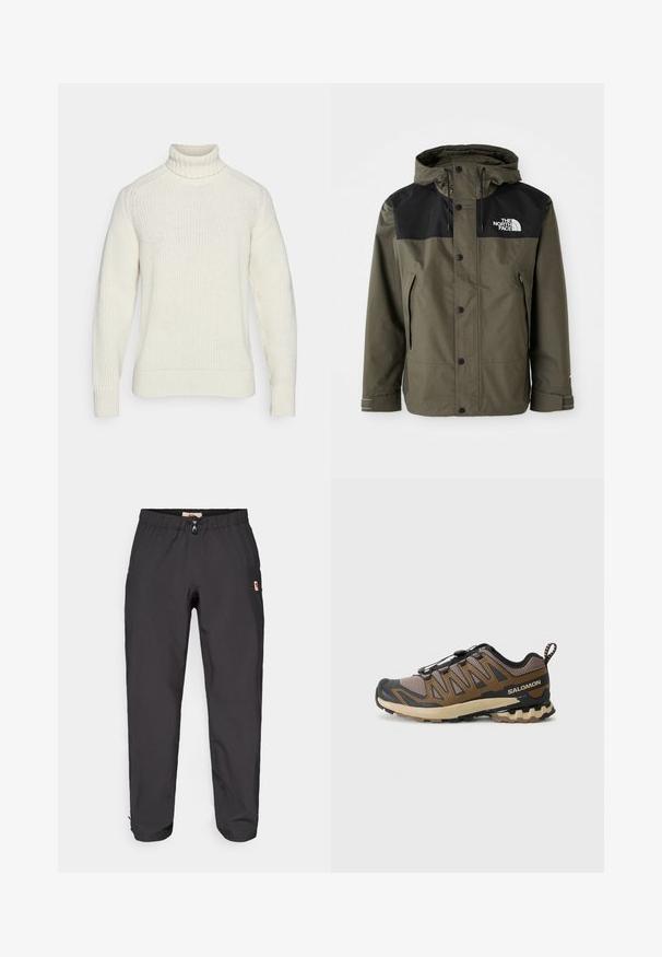 Žalias vandeniui atsparus švarkas su juodu viršutiniu skyriumi, reguliuojama kepure, spaudėmis ir šoninėmis kišenėmis. Ant krūtinės yra logotipas.; Kremo spalvos megztinis su aukštu kaklu, raukšlėtomis rankogaliais ir tekstūruotu mezgimo raštu. Turi laisvą siluetą ir be siūlių dizainą.; Juodi lauko kelnės su elastingu juosmeniu ir maža logotipo pleistra dešinėje šlaunyje, rodoma prieš baltą foną.; Rudos ir juodus sportinius batus su tinkliniais viršutiniais, guminėm pirštų apsaugom ir tekstūruotu padu. Yra greito lyno sistema ir paminkštinta apykaklė.