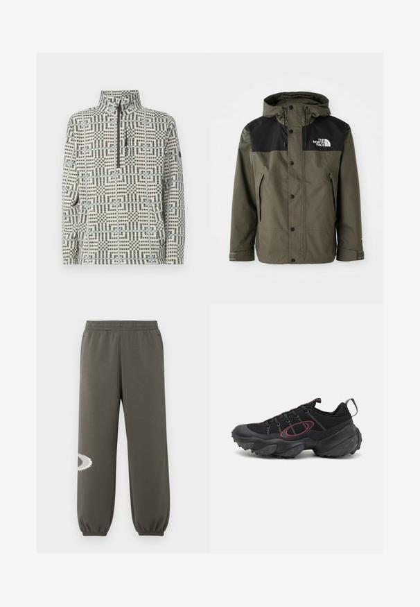 Green waterproof jacket with a black upper section, adjustable hood, snap buttons, and side pockets. Features logo on the chest.; Fleece pullover with a half-zip collar, featuring a geometric blue and green pattern on a white background. Soft texture, relaxed fit.; Dark olive green sweatpants with an elastic waistband, side pockets, a tapered fit, and a white jagged logo detail on the left leg.; Black athletic shoes with a textured mesh upper, contrasting red accents, and a chunky rubber sole featuring rounded grips.