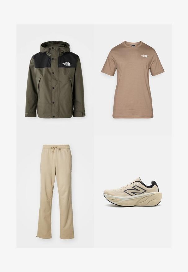 Green waterproof jacket with a black upper section, adjustable hood, snap buttons, and side pockets. Features logo on the chest.; Short-sleeve, light brown cotton t-shirt featuring a small white logo on the chest. Classic crew neck, smooth texture, and standard fit.; Beige sweatpants made of soft fabric, featuring a drawstring waist, flared legs, and angled seams for shape. Small logo accent on side.; Beige running shoe with black accents, mesh upper, rounded toe, and thick, cushioned sole featuring a textured pattern for grip.