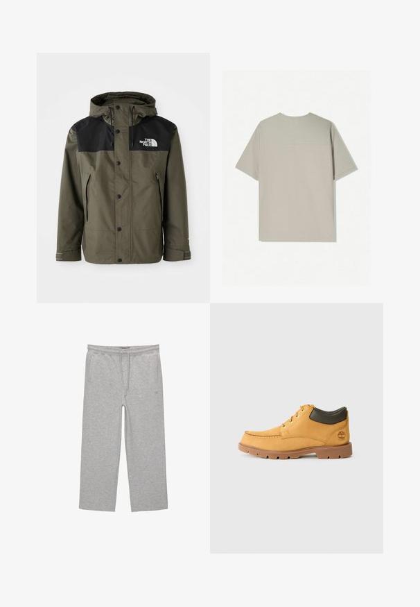 Grüne wasserdichte Jacke mit schwarzem oberen Abschnitt, verstellbarer Kapuze, Druckknöpfen und seitlichen Taschen. Mit Logo auf der Brust.; Beige Baumwoll-T-Shirt mit kurzen Ärmeln. Hat ein einfaches Design und einen runden Ausschnitt. Glatte Textur mit minimalen Nähten auf der Rückseite.; Graue Baumwoll-Loungehosen mit elastischem Bund, Kordelzug und zwei seitlichen Taschen; gerader Schnitt, weiche Textur, ohne Muster.; Gelbes Leder-Schuhwerk mit brauner Gummisohle, runder Zehenpartie und grünem Lederdetail am Knöchel. Verfügt über goldene Ösen und Nähakzente.