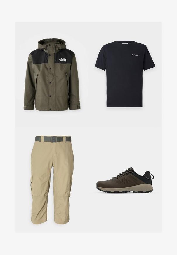 Vihreä vedenpitävä takki mustalla yläosalla, säädettävä huppu, nepparit ja sivutaskut. Rinnassa on logo.; Lyhythihainen musta t-paita, joka on valmistettu puuvillasta ja jossa on pieni valkoinen Columbia-logo vasemmassa rintamuksessa. Klassinen pyöreä kaula-aukko ja rento istuvuus.; Beige cargo-housut, joissa on teksturoitu kangas, polvipituiset, vyöllä, sivutaskuilla ja suoralinjaisella leikkauksella, suunniteltu mukavuutta ja käytännöllisyyttä varten.; Ruske vedenäyttävät lenkkarit, joissa on tekstuuroitu päällinen, reikiä korostavia yksityiskohtia, musta kantatuki ja harmaa kumipohja. Kiristysnauhoissa on metalliset päät.