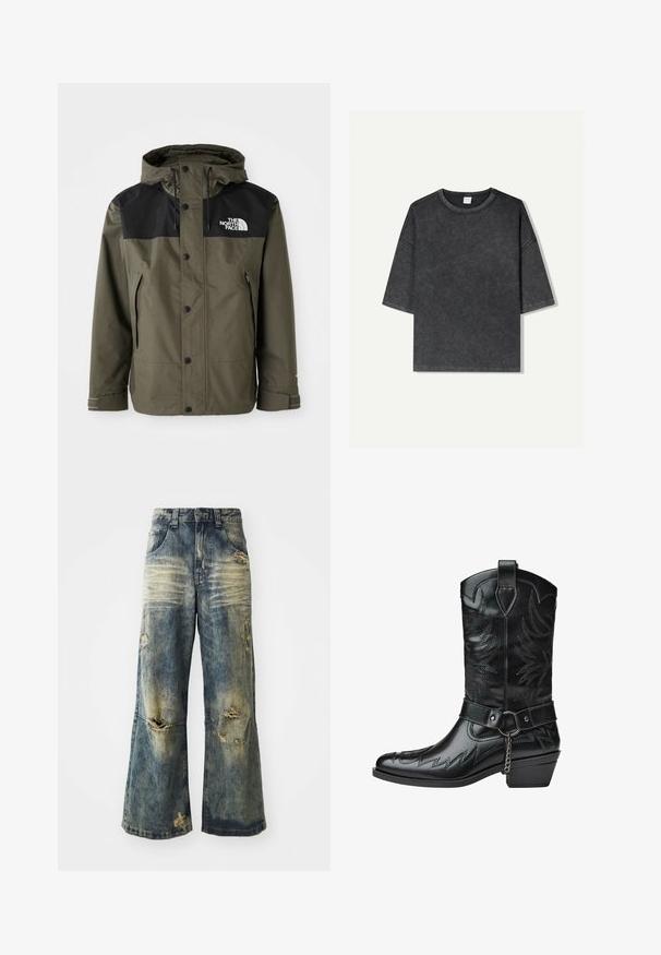 Grön vattentät jacka med en svart övre sektion, justerbar huva, tryckknappar och sidofickor. Inkluderar logotyp på bröstet.; Överdimensionerad kortärmad t-shirt i mörkgrå, tillverkad av bomull. Har en rund halsringning och synlig sömnad längs kanterna.; Bleka blå vida jeans med slitna hål och fransad fåll. Har en traditionell femfickorsdesign och bälteshällor i midjan.; Svarta lädercowboystövlar med dekorativ broderi, harneskrem, metallring, kedjedetalj och låg vinklad klack på vit bakgrund.