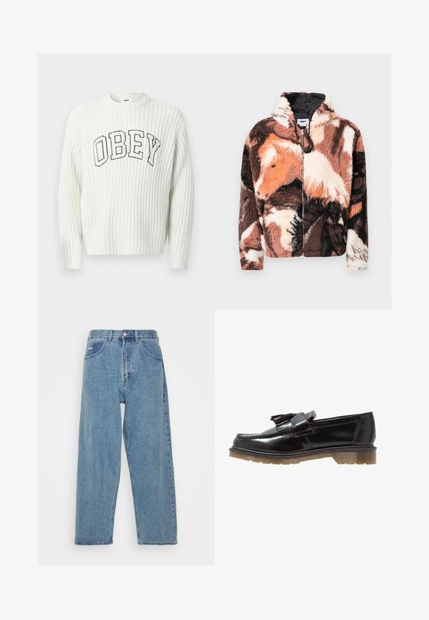 Fleecetröja med ett brunt, svart och krämfärgat abstrakt ko-mönster, dragkedja framtill och huva, med en mjuk, texturerad yta.; Vit stickad tröja med "OBEY" i svart text över bröstet, med ribbad struktur och rund halsringning.; Ljust blå denimjeans med hög midja och avspänd passform, med två framfickor, en bakficka och knappstängning.; Svarta lackskinnsloafers med flätad design, tofsdetalj och en kraftig, texturerad gummisula. Sido vy visar den slanka silhuetten.