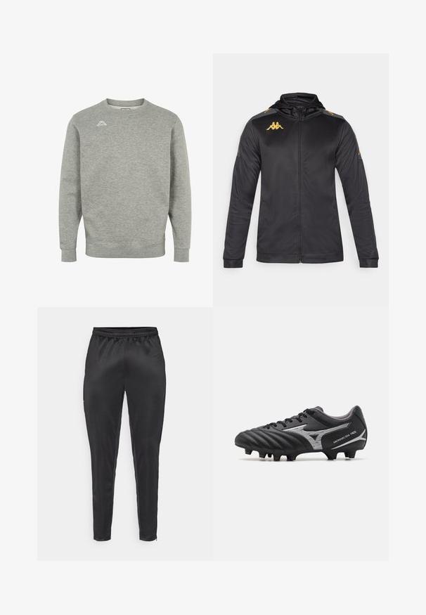 Melna josta ar kapuci, izgatavota no gludas auduma. Iežogo zelta logo uz krūškurvja un pleca, kā arī pelēkas akcenti uz piedurknēm.; Pelēka sporta krekla, kas izgatavots no mīksta materiāla, iezīme ir apaļa kakla izgriezums, garas piedurknes un neliels logo kreisajā augšējā krūtī.; Melni sporta bikses, izgatavotas no gluda, viegla materiāla. Iespējas ietver elastīgu jostu un šauru piegriezumu ar rāvējslēdzējam kabatām.; Melnas futbola kurpes ar teksturētu sintētisku virsmu, sudraba akcentiem un saistīšanas dizainu. Iekļauj apmestu zoli ar redzamām naglām, lai nodrošinātu saķeri.