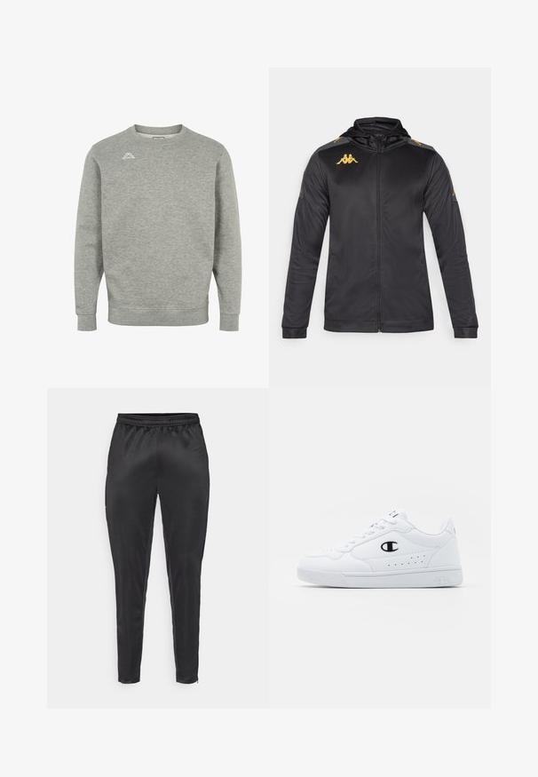 Jachetă neagră cu fermoar, cu glugă, dintr-un material neted. Prezintă un logo auriu pe piept și pe umăr, și accente gri pe mâneci.; Sweatshirt gri din material moale, cu guler rotund, mâneci lungi și un mic logo în partea stângă sus a pieptului.; Pantaloni sportivi negri, confecționați dintr-un material neted și ușor. Au un șnur elastic la talie și o croială slim, cu buzunare cu fermoar.; Adidași albi pentru sport, cu o parte superioară din material sintetic neted, accent cu logo negru și detalii perforate pe lateral. Talpă din cauciuc.