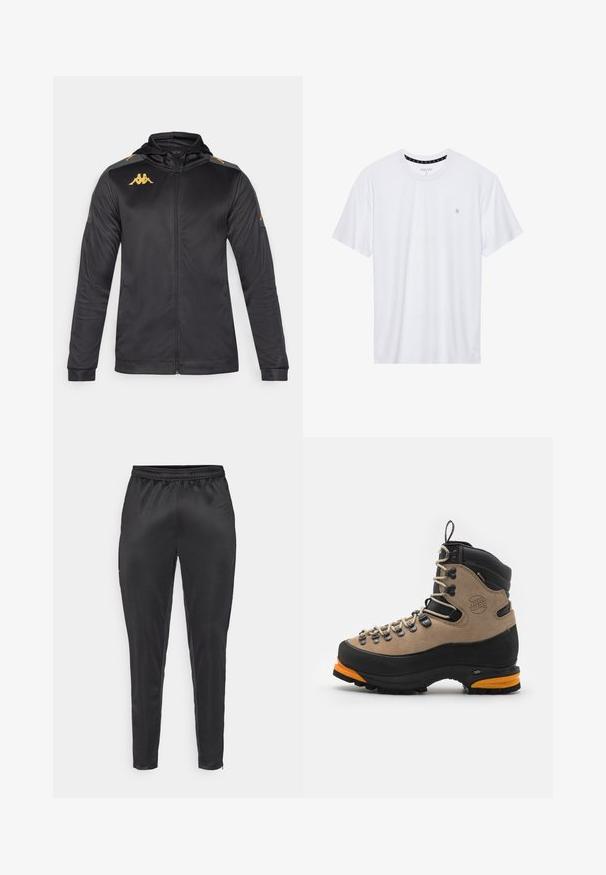 Černá zipová bunda s kapucí, vyrobena z hladkého materiálu. Obsahuje zlaté logo na hrudi a na rameni, a šedé akcenty na rukávech.; Bílý crewneck tričko vyrobené z bavlny, s krátkými rukávy a malým logem vyšitým na levé straně hrudi. Měkká textura.; Černé sportovní kalhoty vyrobené z hladkého, lehkého materiálu. Mají elastický pas a slim fit s kapsami na zip.; Hnědé semišové a černé kožené turistické boty s oranžovými akcenty, kovovými očky a silnou gumovou podrážkou. Obsahují zesílenou špičku a vysokou podporu kotníku.