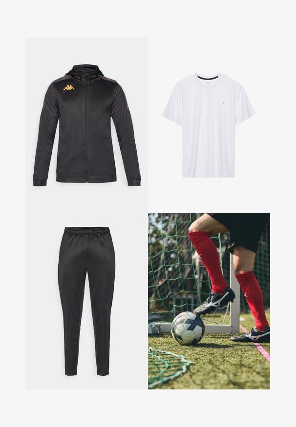 Musta vetoketjullinen takki hupulla, valmistettu sileästä kankaasta. Ominaisuuksiin kuuluu kultainen logo rinnassa ja olkapäässä sekä harmaat yksityiskohdat hihoissa.; Valkoinen pyöreäkauluksinen t-paita, joka on valmistettu puuvillasta. Siinä on lyhyet hihat ja pieni logo brodeerattuna vasempaan rintakehään. Pehmeä pinta.; Mustat urheiluhousut, jotka on valmistettu sileästä ja kevyestä materiaalista. Ominaisuuksiin kuuluu joustava vyötärönauha ja kapea malli, jossa on vetoketjulliset taskut.; Mustat jalkapallokengät hopeisilla yksityiskohdilla nurmikkoalueella, punaiset sukat ja musta-valkoinen jalkapallokenttä jalkapohjan alla.