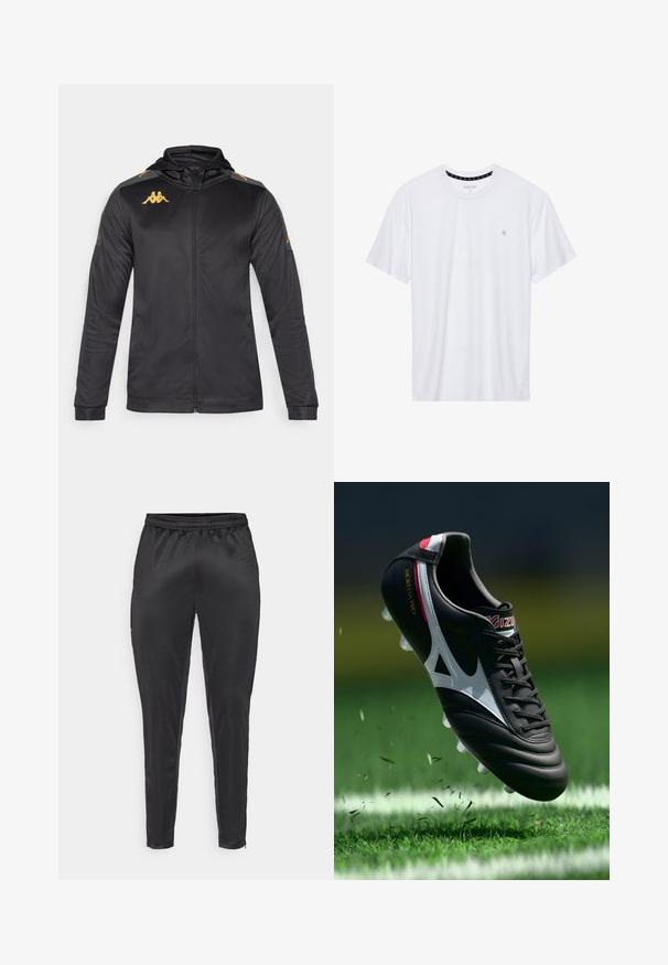 Čierna bunda na zips s kapucňou, vyrobená z hladkej tkaniny. Obsahuje zlaté logo na hrudi a na pleciach, a šedé akcenty na rukávoch.; Biele tričko s okrúhlym výstrihom vyrobené z bavlny, s krátkymi rukávmi a malým logom vyšitým na ľavej strane hrude. Mäkká textúra.; Čierne športové nohavice vyrobené z hladkého, ľahkého materiálu. Obsahujú elastický pás a priliehavý strih s vreckami na zips.; Čierny futbalový kopačka s bielymi prvkami, koženým vrchom, zvýšenými šnúrkami a šiestimi priehľadnými kolíkmi, vznášajúca sa nad zelenou trávou s rozptýlenými nečistotami.