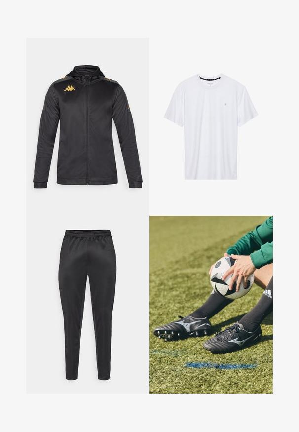 Must mustaga kapuutsiga jakki, valmistatud siledast kangast. Omab kuldset logo rinnal ja õlal ning halli detaili varrukatel.; Valge ümar kaelusega T-särk, mis on valmistatud puuvillast, lühikeste varrukatega ja vasakus rinnas on väike tikand. Pehme tekstuur.; Musternad mustreerid, mis on valmistatud siledast ja kerge materjalist. Omab elastset vöökohta ja kitsast lõiget, varustatud lukuga taskutega.; Mustad mustad jalatsid hallide aktsentide ja tekstureeritud pindadega, puhkavad rohelisel kunstmurul. Must-valge jalgpall hoitakse käes.