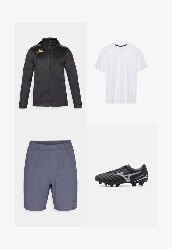 Black zip-up jacket with hood, made from smooth fabric. Features gold logo on chest and shoulder, and gray accents on sleeves.; White crewneck t-shirt made of cotton, featuring short sleeves and a small logo embroidered on the left chest area. Soft texture.; Gray athletic shorts made of lightweight fabric, featuring a smooth texture, elastic waistband, and black Puma logo on the lower left side.; Black soccer cleat with a textured synthetic upper, silver accents, and a lace-up design. Features a molded sole with visible studs for traction.