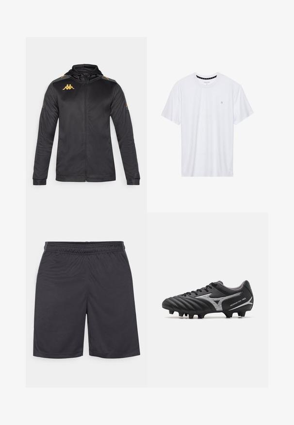 Černá zipová bunda s kapucí, vyrobena z hladkého materiálu. Obsahuje zlaté logo na hrudi a na rameni, a šedé akcenty na rukávech.; Bílý crewneck tričko vyrobené z bavlny, s krátkými rukávy a malým logem vyšitým na levé straně hrudi. Měkká textura.; Černé sportovní kraťasy vyrobené z hladkého, lehkého materiálu. Mají elastický pás a šité lemy, bez viditelných kapes nebo vzorů.; Černé fotbalové kopačky s texturovaným syntetickým svrškem, stříbrnými akcenty a šněrovacím designem. Obsahují tvarovanou podrážku s viditelnými hroty pro trakci.