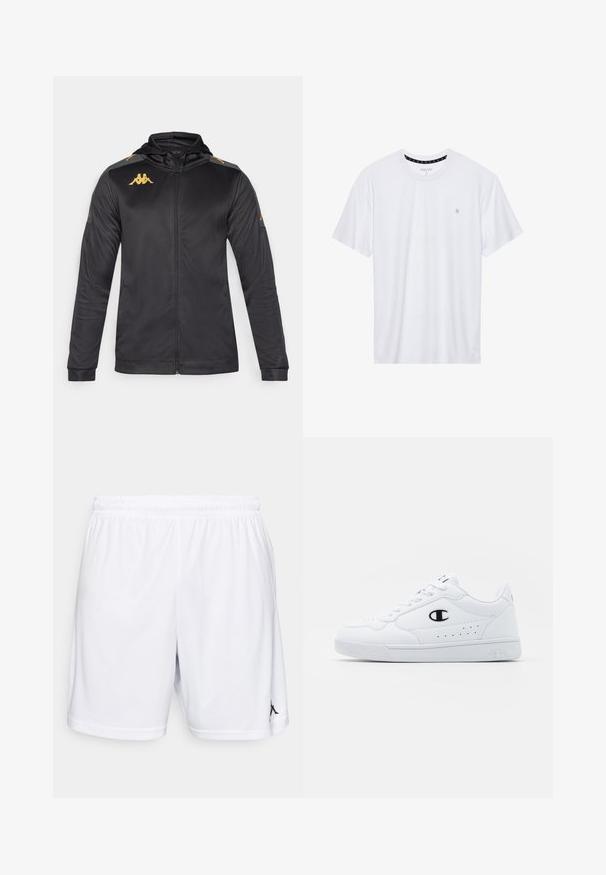 Must mustaga kapuutsiga jakki, valmistatud siledast kangast. Omab kuldset logo rinnal ja õlal ning halli detaili varrukatel.; Valge ümar kaelusega T-särk, mis on valmistatud puuvillast, lühikeste varrukatega ja vasakus rinnas on väike tikand. Pehme tekstuur.; Valged sportlikud lühikesed püksid kergest kangast, elastse vöökohaga ja musta logo aktsendiga vasakul jalal.; Valged spordijalatsid, millel on sile sünteetiline pealmine osa, must logo aktsent ja perforatsioonid külgedel. Kummikreen.