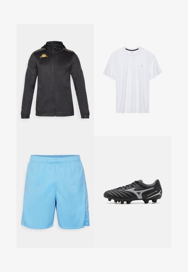 Fekete kapucnis zipzáros dzseki, sima anyagból készült. Arany logóval rendelkezik a mellkason és a vállon, valamint szürke díszítéssel a ujjakon.; Fehér, pamutból készült folt nélküli póló, rövid ujjakkal és a bal melle részén elhelyezett, hímzett kis logóval. Puha tapintású.; Világoskék sportnadrág, szintetikus anyagból készült. Rugalmas derékrésszel és arany díszítéssel a oldalon. Simás textúra, térd feletti hosszúság.; Fekete focicipő, texturált szintetikus felsőrésszel, ezüst részletekkel és fűzős kialakítással. Formázott talppal rendelkezik, látható stoplival a tapadás érdekében.